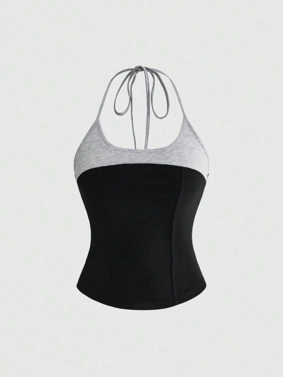 Women's black halter slim fit camisole top featuring a colorblock 2-in-1 design in soft knitted fabric.