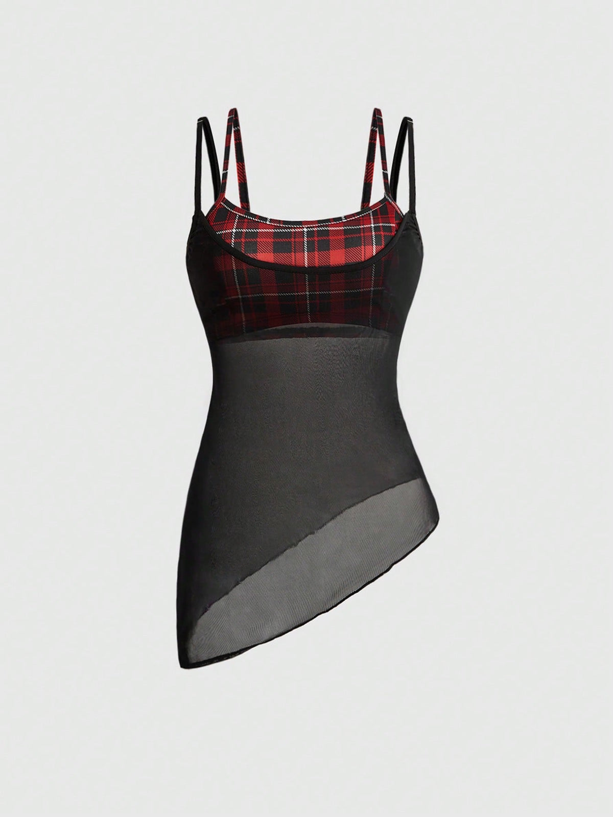 Black plaid 2-in-1 crop top featuring spaghetti straps, an asymmetric hem, and sheer mesh long arm sleeves for women.