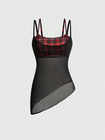 Black plaid 2-in-1 crop top featuring spaghetti straps, an asymmetric hem, and sheer mesh long arm sleeves for women.