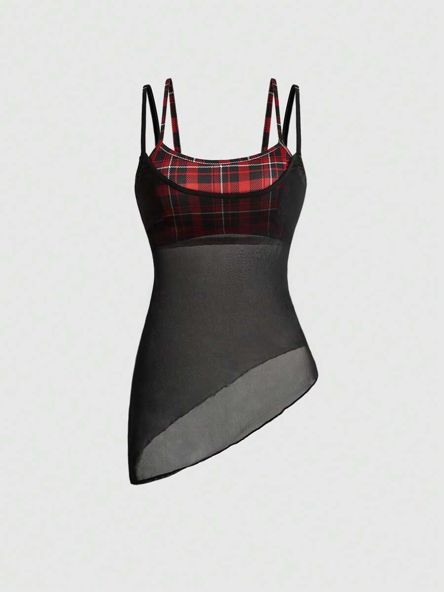 Black plaid 2-in-1 crop top featuring spaghetti straps, an asymmetric hem, and sheer mesh long arm sleeves for women.