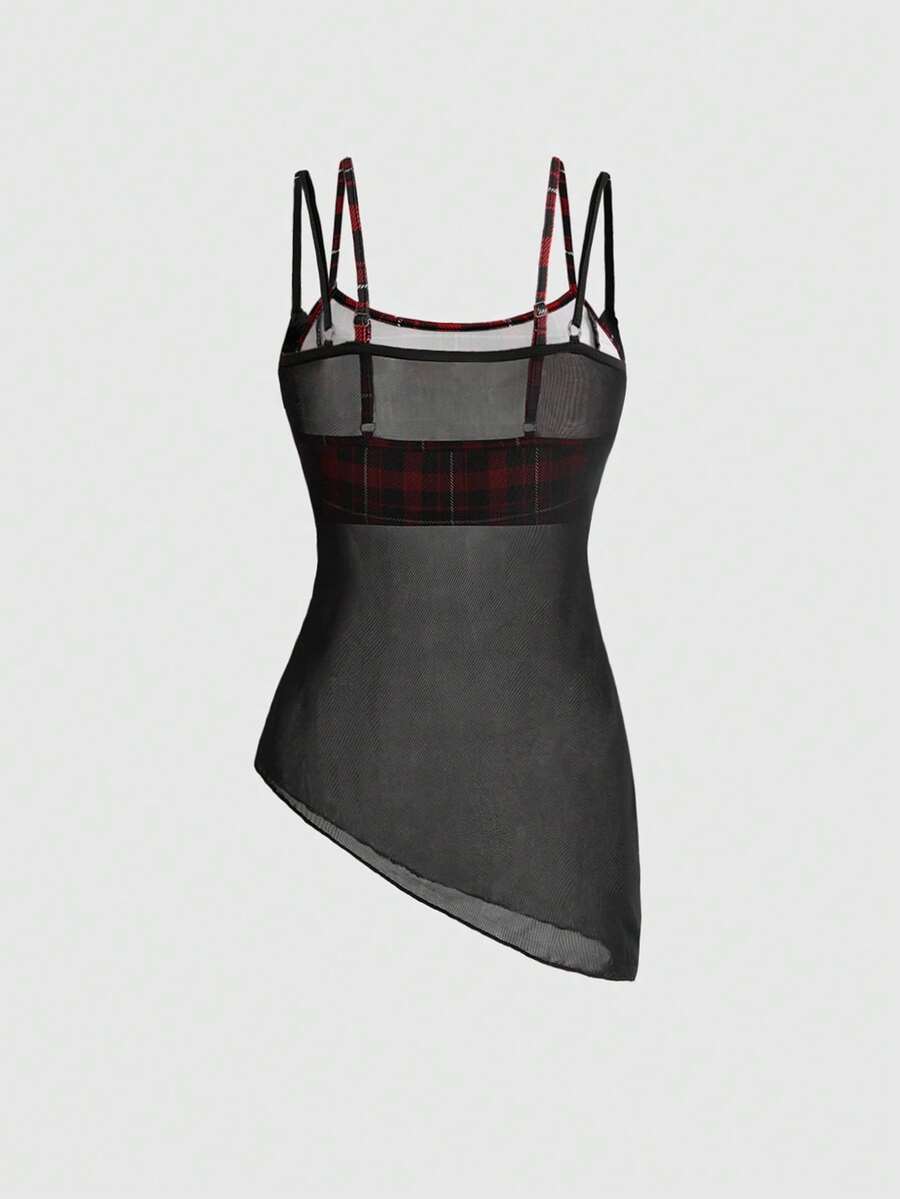 Black plaid 2-in-1 crop top featuring spaghetti straps, an asymmetric hem, and sheer mesh long arm sleeves for women.