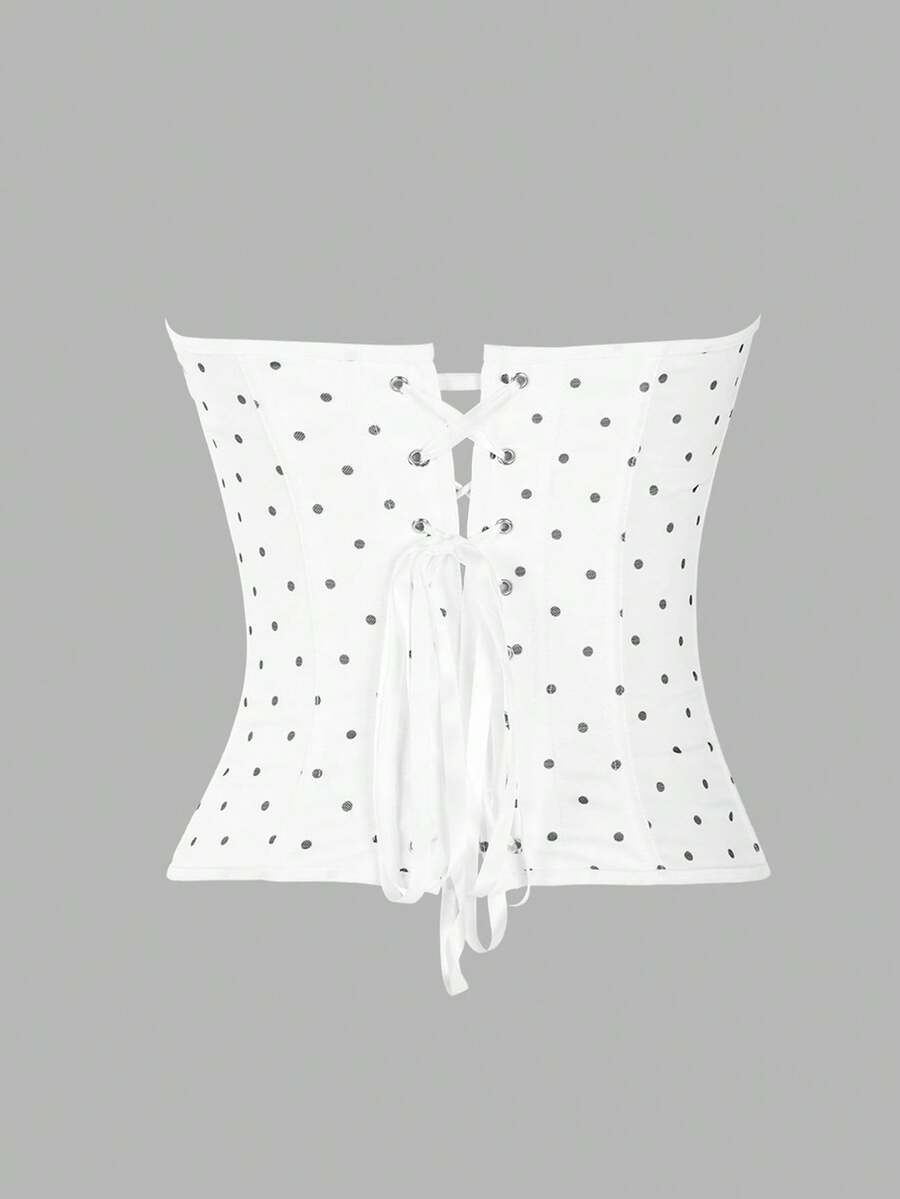 Black strapless corset top with boning, lace-up back, and a cropped slim-fit silhouette for women.
