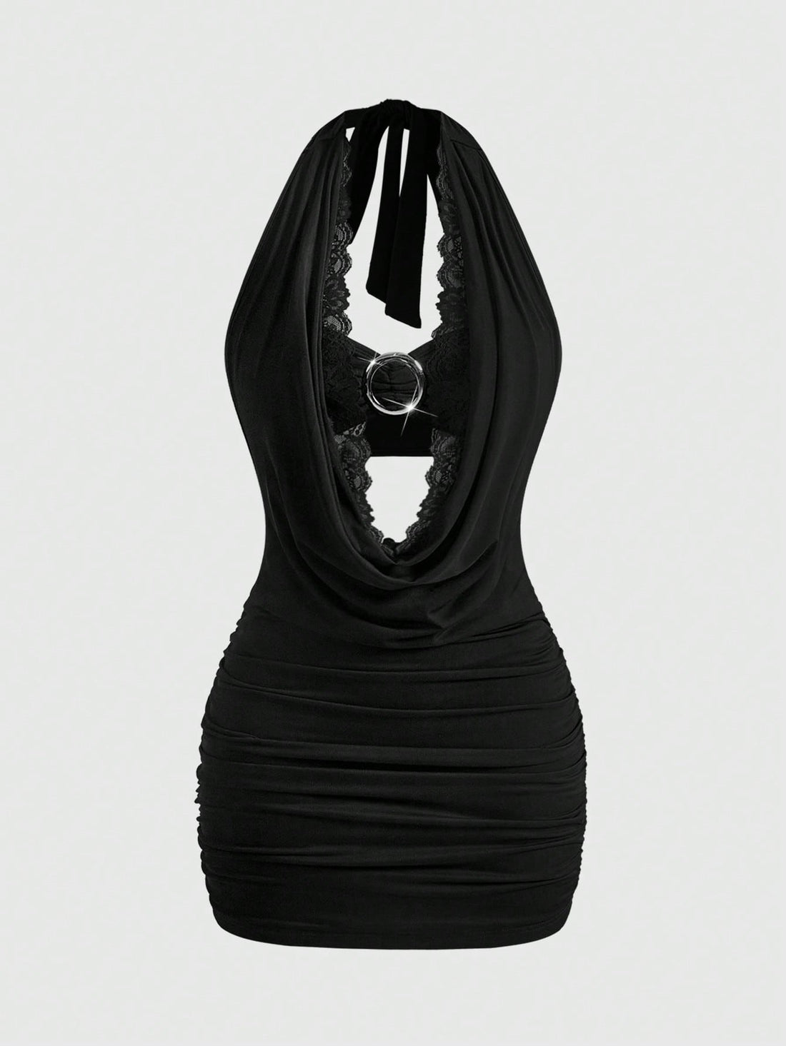 Black Y2K women's backless halter bodycon mini dress set featuring draped details, short sleeves, mid-waist pencil hem, and included undershirt.