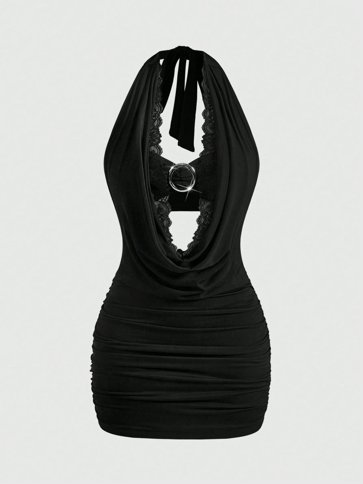 Black Y2K women's backless halter bodycon mini dress set featuring draped details, short sleeves, mid-waist pencil hem, and included undershirt.
