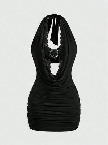 Black Y2K women's backless halter bodycon mini dress set featuring draped details, short sleeves, mid-waist pencil hem, and included undershirt.