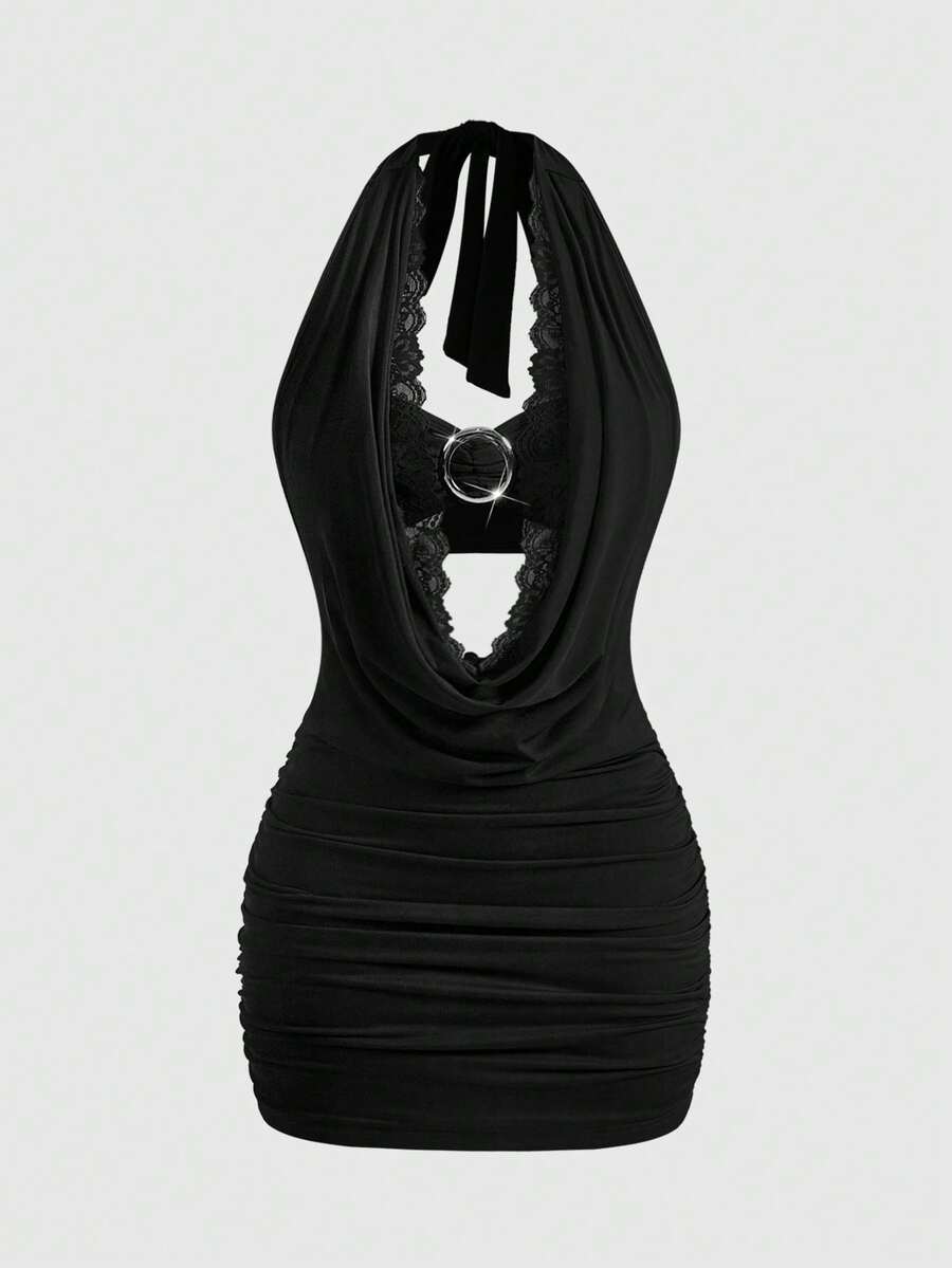Black Y2K women's backless halter bodycon mini dress set featuring draped details, short sleeves, mid-waist pencil hem, and included undershirt.