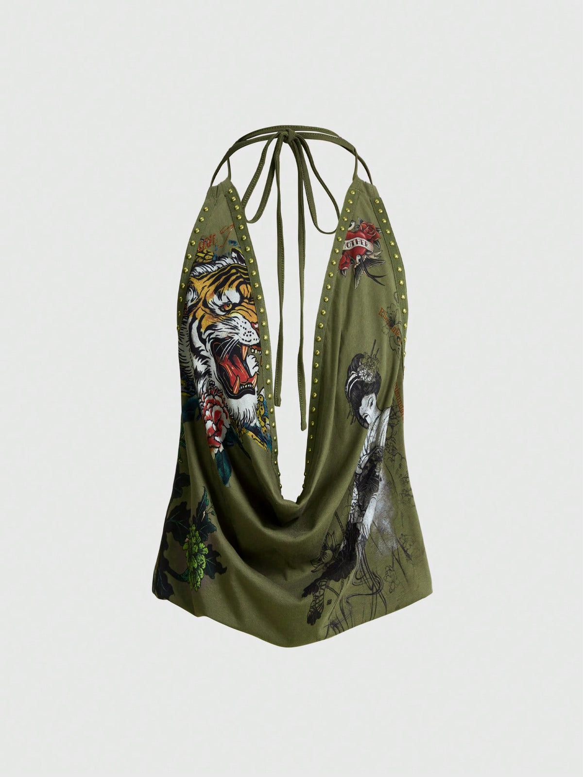 Women's black backless halter crop top featuring a V-neckline, tie-back detail, and asymmetrical hem.