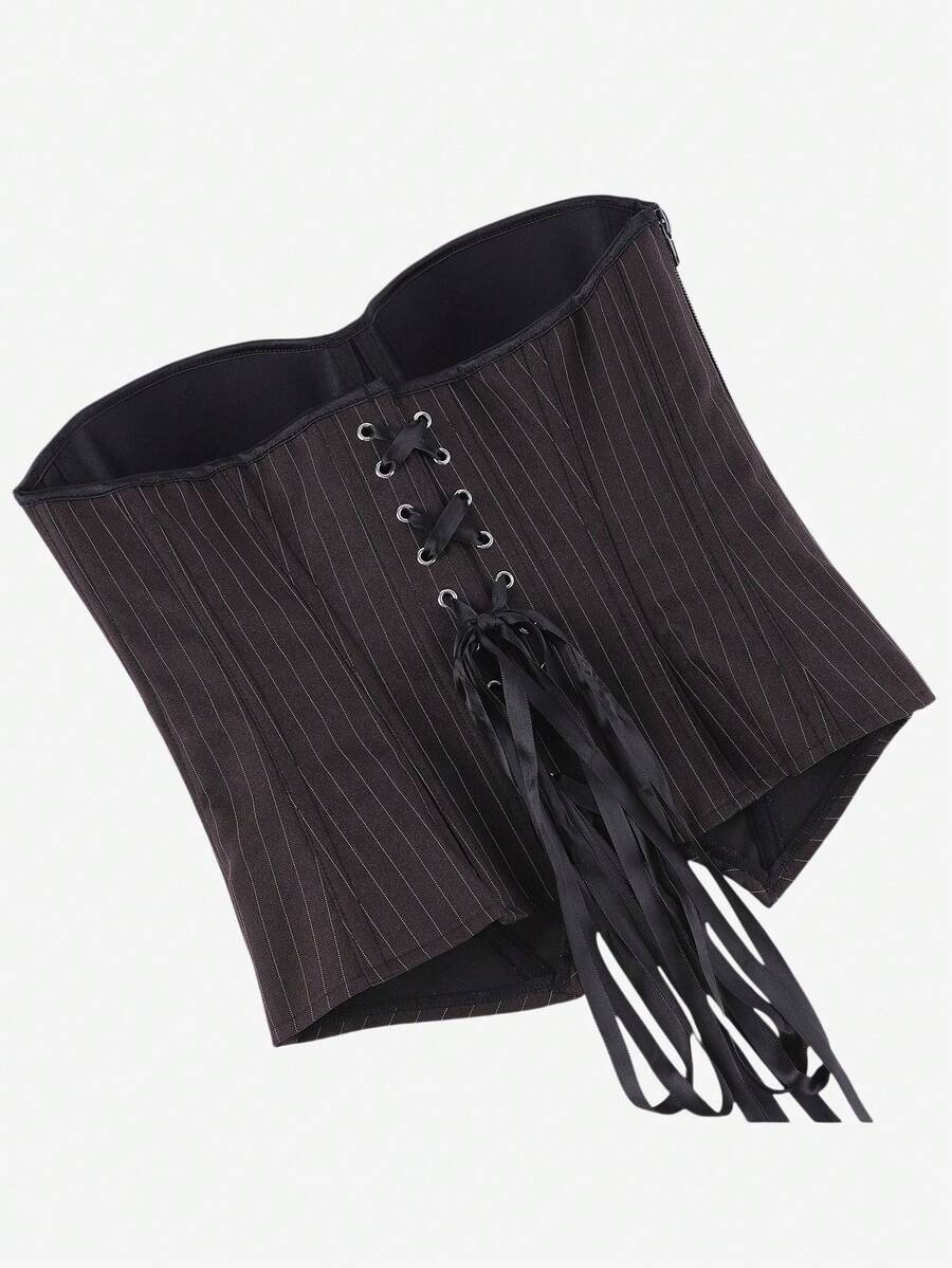 Black overbust corset top with strapless design, boned support, tie-back and zipper closure for women shapewear styling.