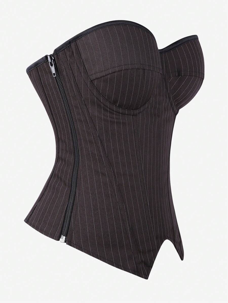 Black overbust corset top with strapless design, boned support, tie-back and zipper closure for women shapewear styling.