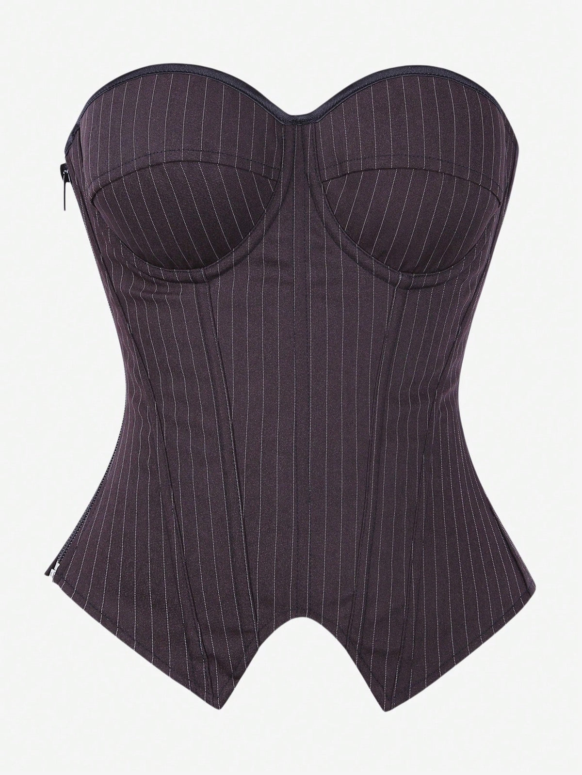 Black overbust corset top with strapless design, boned support, tie-back and zipper closure for women shapewear styling.