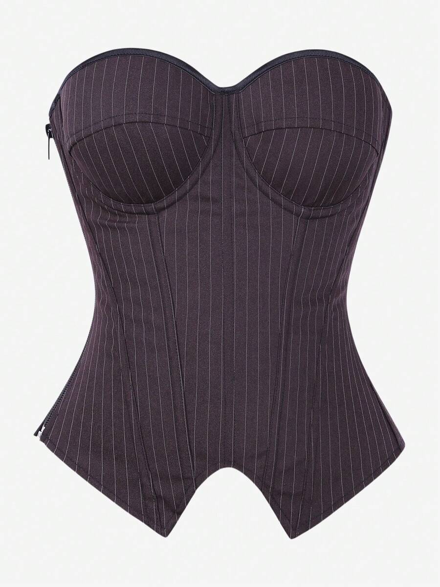 Black overbust corset top with strapless design, boned support, tie-back and zipper closure for women shapewear styling.