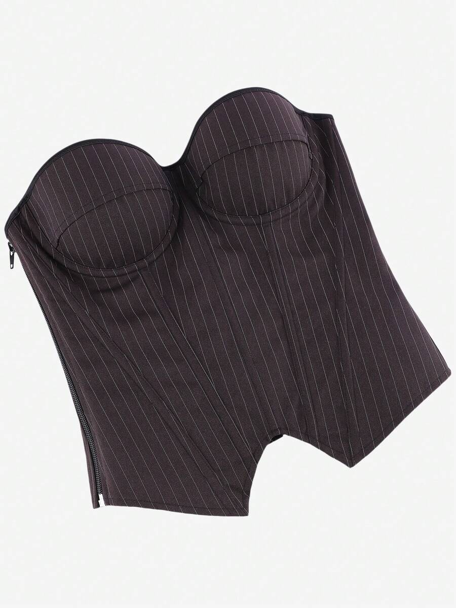 Black overbust corset top with strapless design, boned support, tie-back and zipper closure for women shapewear styling.