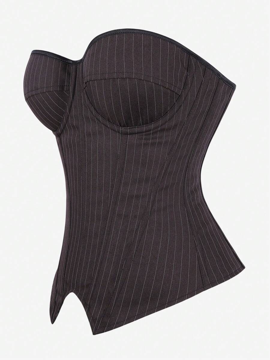 Black overbust corset top with strapless design, boned support, tie-back and zipper closure for women shapewear styling.