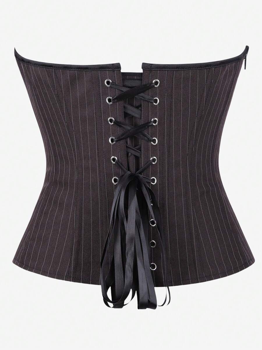 Black overbust corset top with strapless design, boned support, tie-back and zipper closure for women shapewear styling.
