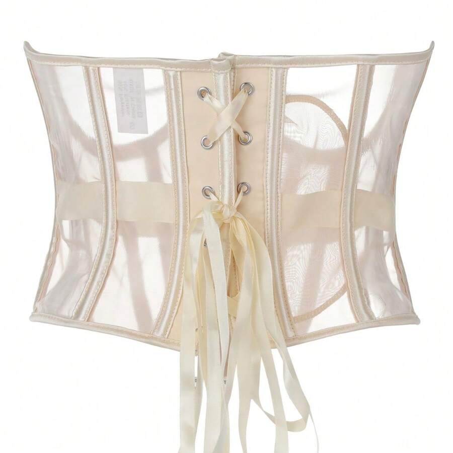Women's apricot mesh shaping short corset with a lace-up front detail and slim-fit waist shaper design.