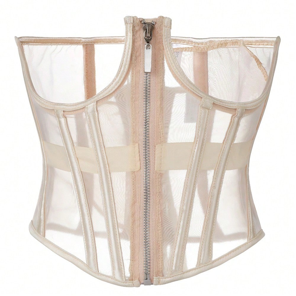 Women's apricot mesh shaping short corset with a lace-up front detail and slim-fit waist shaper design.