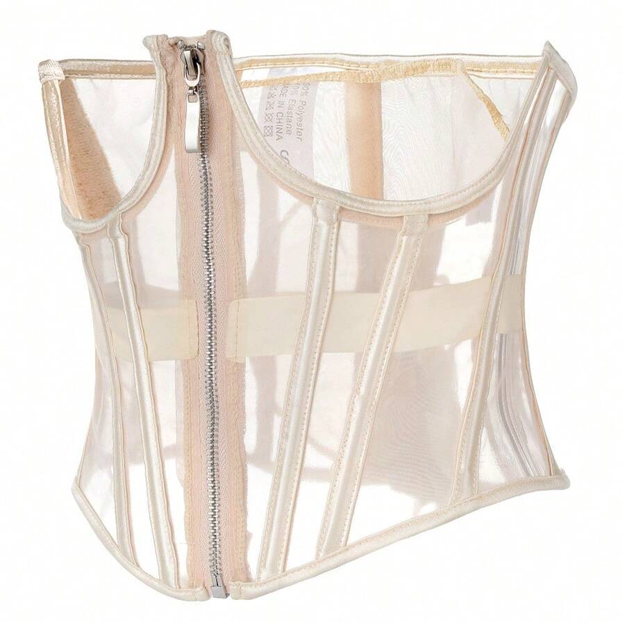 Women's apricot mesh shaping short corset with a lace-up front detail and slim-fit waist shaper design.