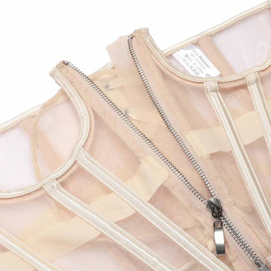 Women's apricot mesh shaping short corset with a lace-up front detail and slim-fit waist shaper design.