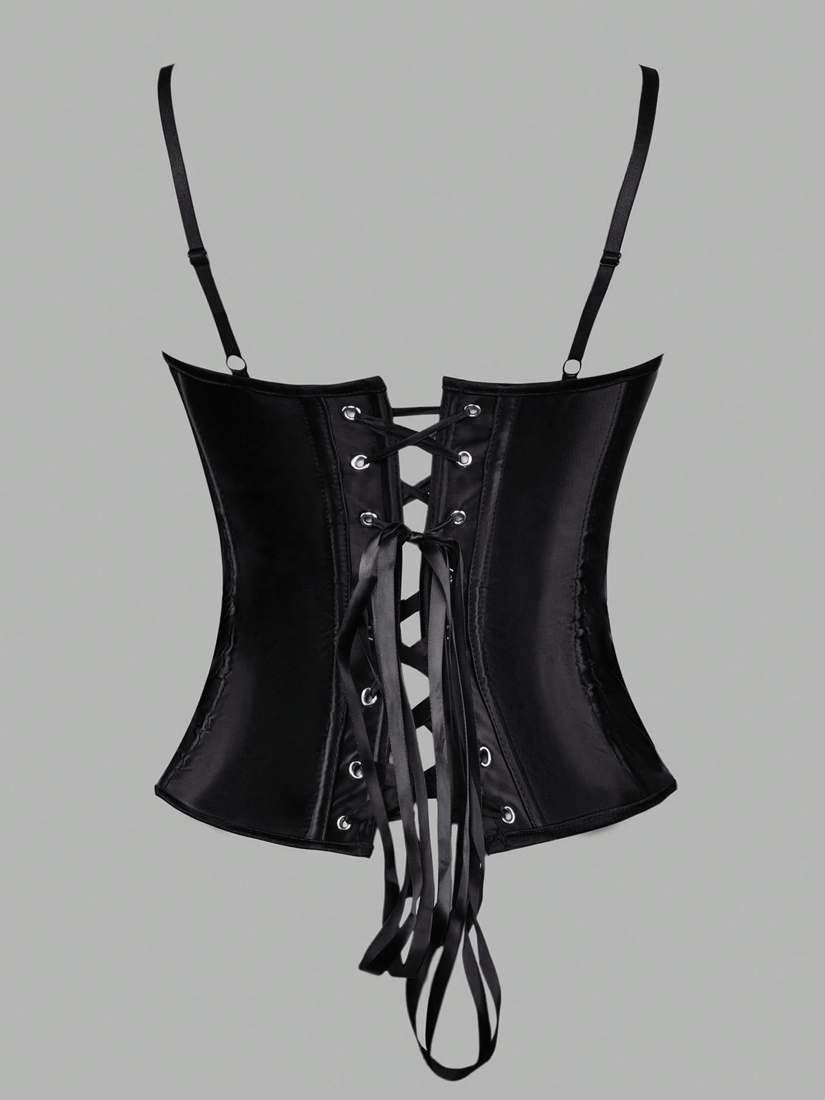 Black satin lace boned bustier crop top featuring spaghetti straps, cup details, contrast lace, and a tie-back closure.