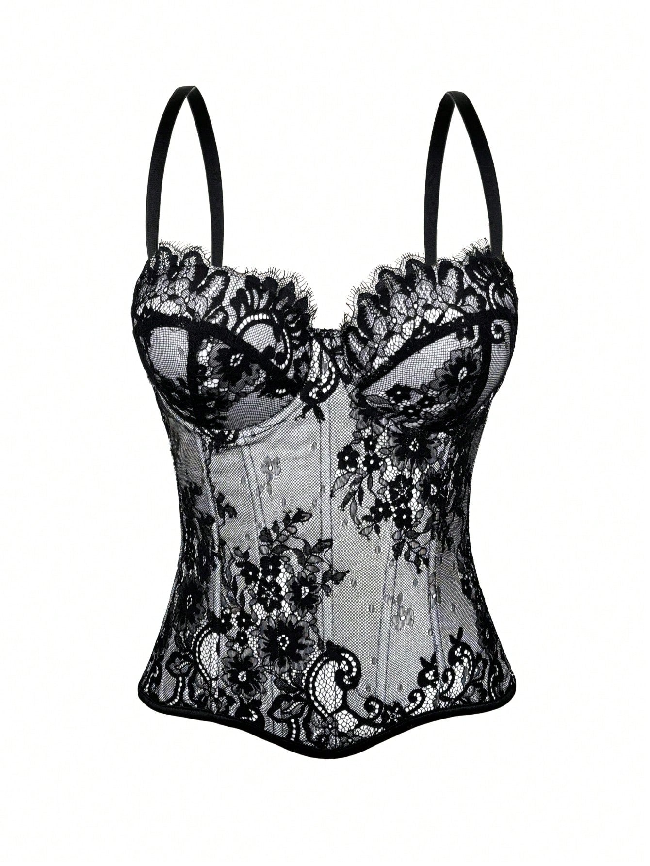 Black women's shaping cami with contrast lace, spaghetti straps, asymmetrical hem, lined body, and slim fit for casual and night-out styling.