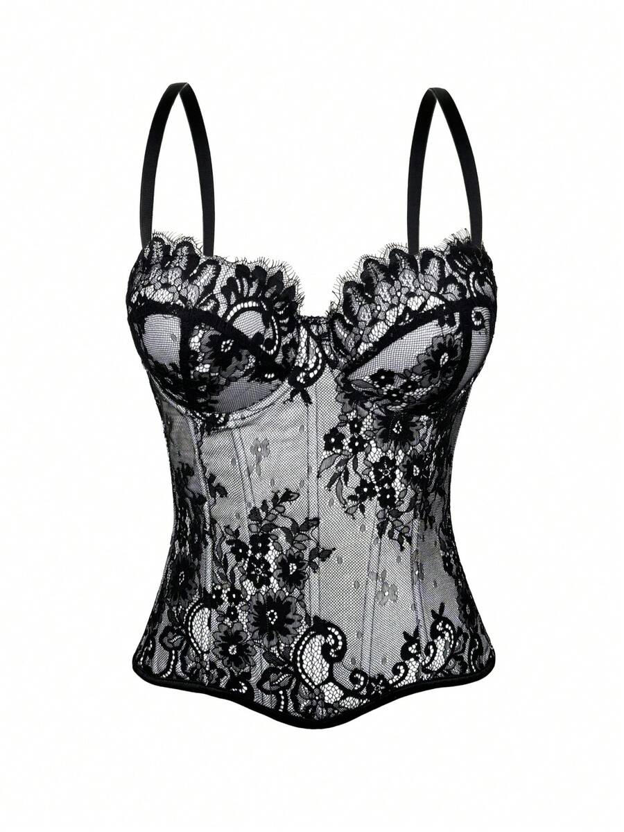 Black women's shaping cami with contrast lace, spaghetti straps, asymmetrical hem, lined body, and slim fit for casual and night-out styling.