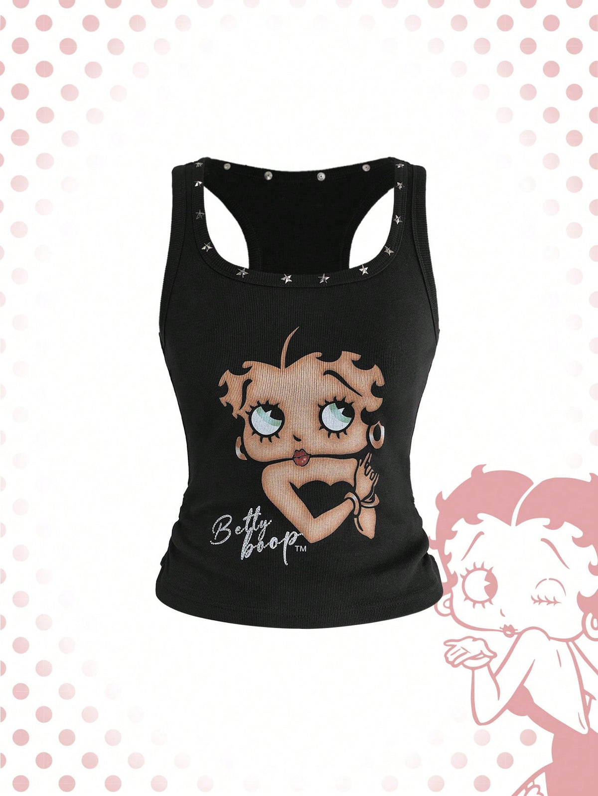Black studded bodycon tank top featuring a scoop neckline and matching detached arm sleeves.