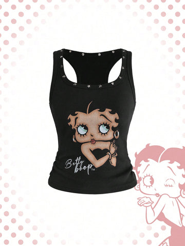Black studded bodycon tank top featuring a scoop neckline and matching detached arm sleeves.