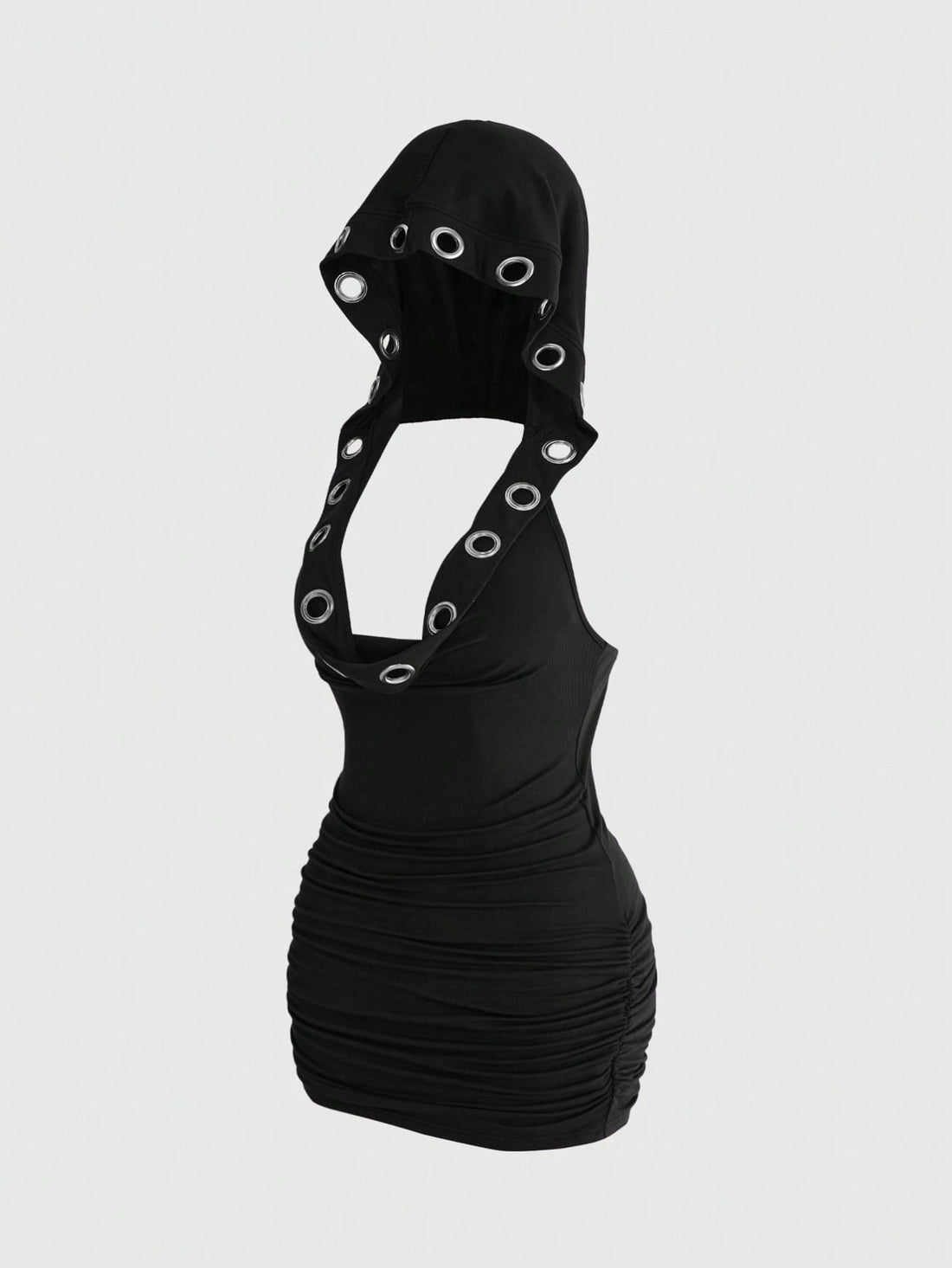 Black Y2K grunge bodycon mini dress for women featuring grommet eyelet details, draped backless design, and sleeveless slim fit cut.