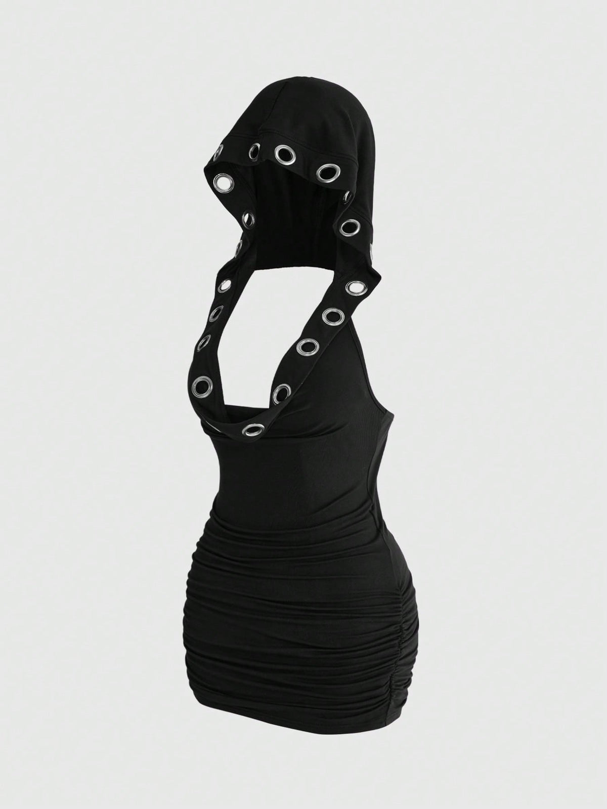 Black Y2K grunge bodycon mini dress for women featuring grommet eyelet details, draped backless design, and sleeveless slim fit cut.