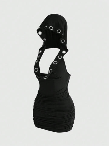 Black Y2K grunge bodycon mini dress for women featuring grommet eyelet details, draped backless design, and sleeveless slim fit cut.