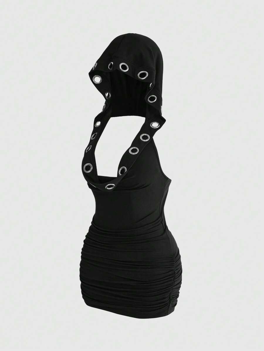 Black Y2K grunge bodycon mini dress for women featuring grommet eyelet details, draped backless design, and sleeveless slim fit cut.