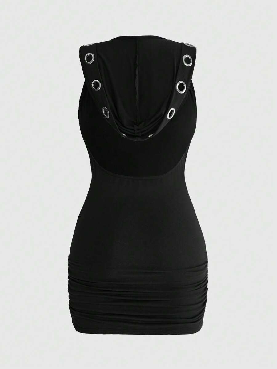 Black Y2K grunge bodycon mini dress for women featuring grommet eyelet details, draped backless design, and sleeveless slim fit cut.