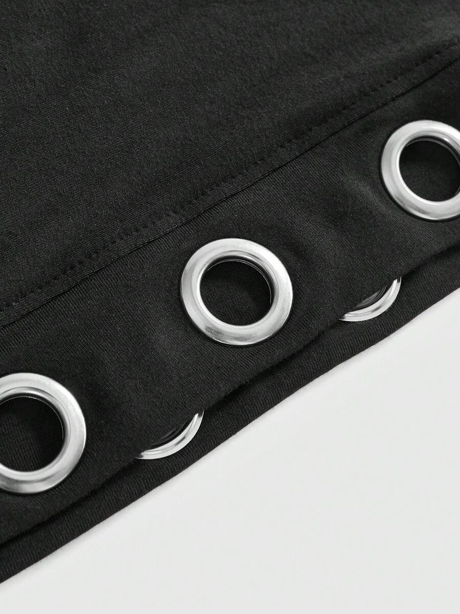 Black Y2K grunge bodycon mini dress for women featuring grommet eyelet details, draped backless design, and sleeveless slim fit cut.