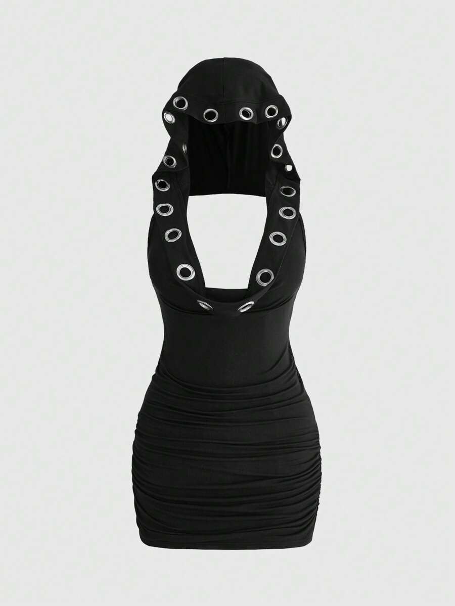 Black Y2K grunge bodycon mini dress for women featuring grommet eyelet details, draped backless design, and sleeveless slim fit cut.