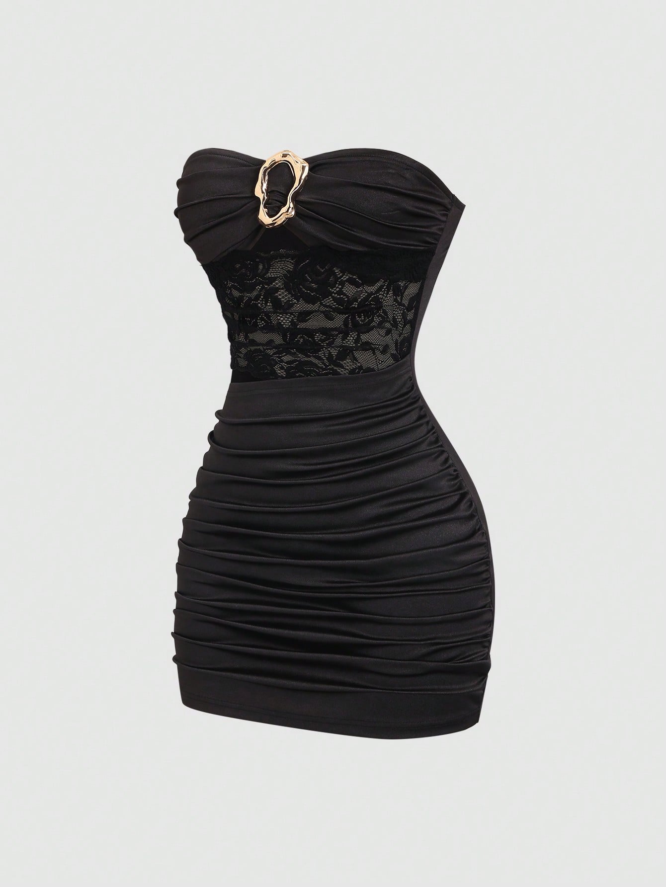 Women's black strapless bodycon mini dress featuring ruched detailing, cut-out design with ring accent, mid-waist pencil hem, and slim fit knitted stretch fabric.