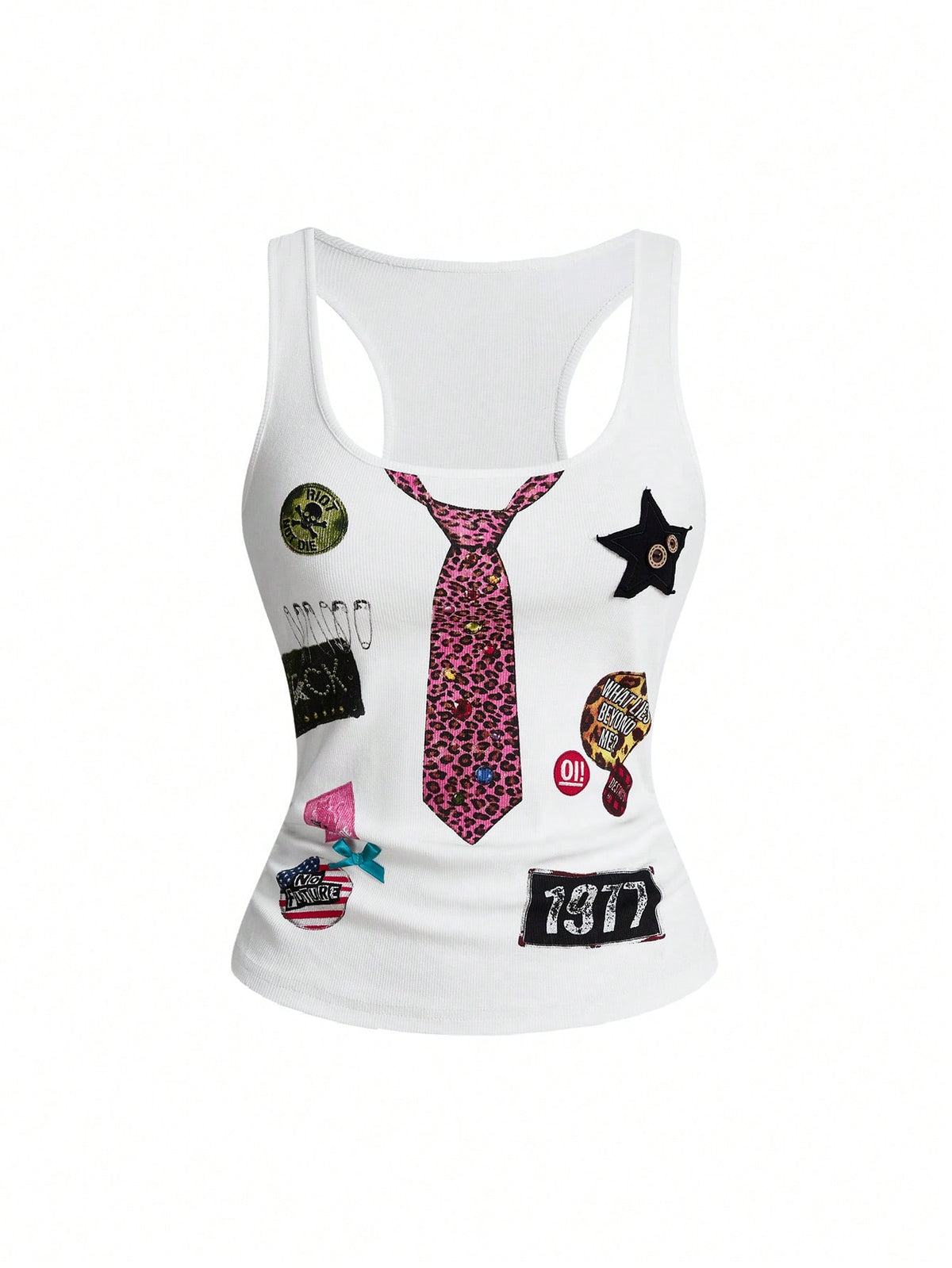 Women's white scoop neck camisole tank top featuring a badge patchwork print, front bow tie detail, cut-out accents, and slim-fit cotton stretch fabric.
