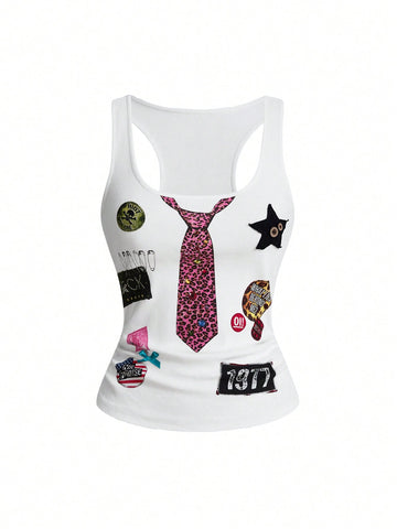 Women's white scoop neck camisole tank top featuring a badge patchwork print, front bow tie detail, cut-out accents, and slim-fit cotton stretch fabric.