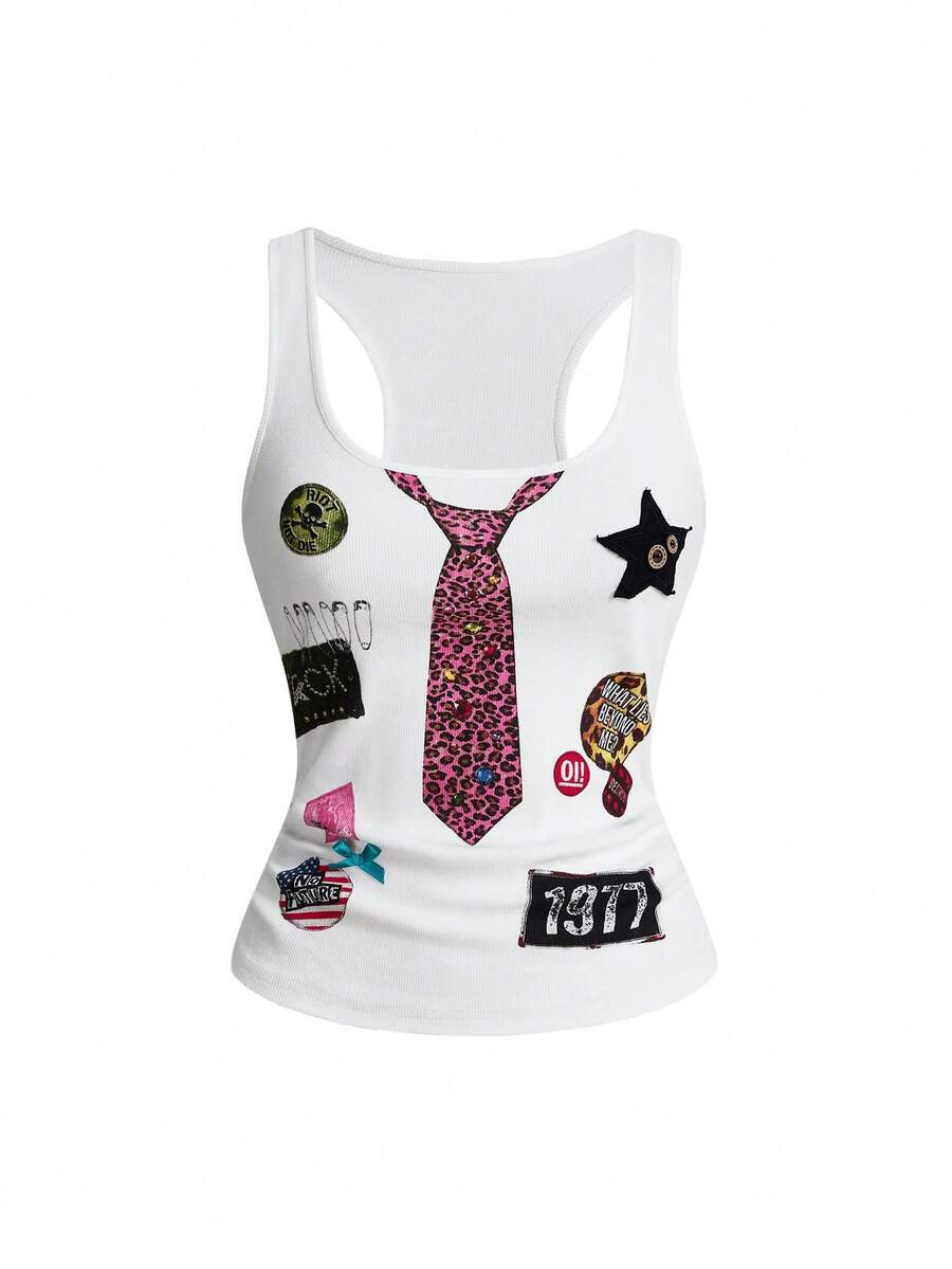 Women's white scoop neck camisole tank top featuring a badge patchwork print, front bow tie detail, cut-out accents, and slim-fit cotton stretch fabric.
