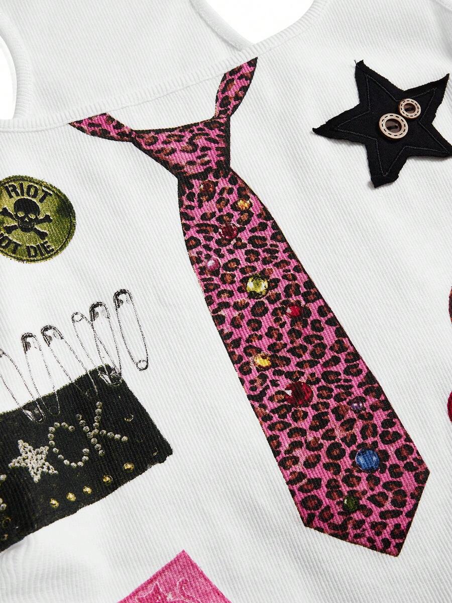 Women's white scoop neck camisole tank top featuring a badge patchwork print, front bow tie detail, cut-out accents, and slim-fit cotton stretch fabric.