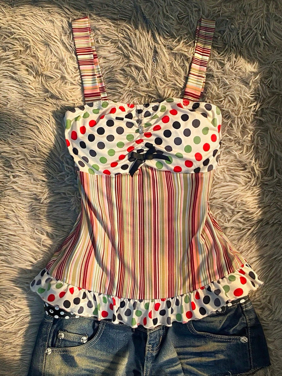 Multicolor women's wide strap tank top featuring polka dot pattern, ruched shirred bodice, and flared ruffle hem.