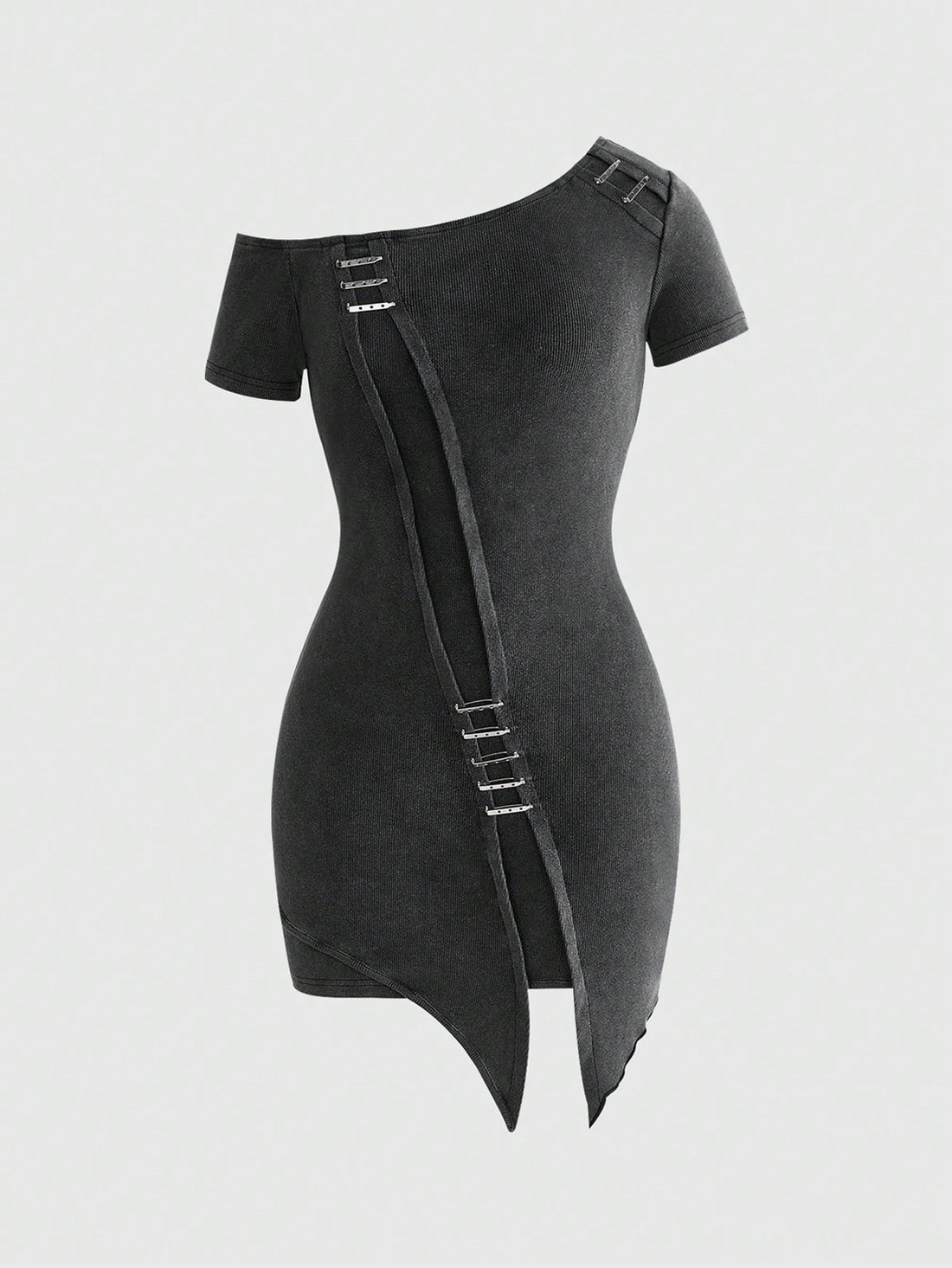 Front view of a grey washed patchwork mini dress featuring an asymmetrical neckline, metal pin accents, short sleeves, and a slim bodycon fit.