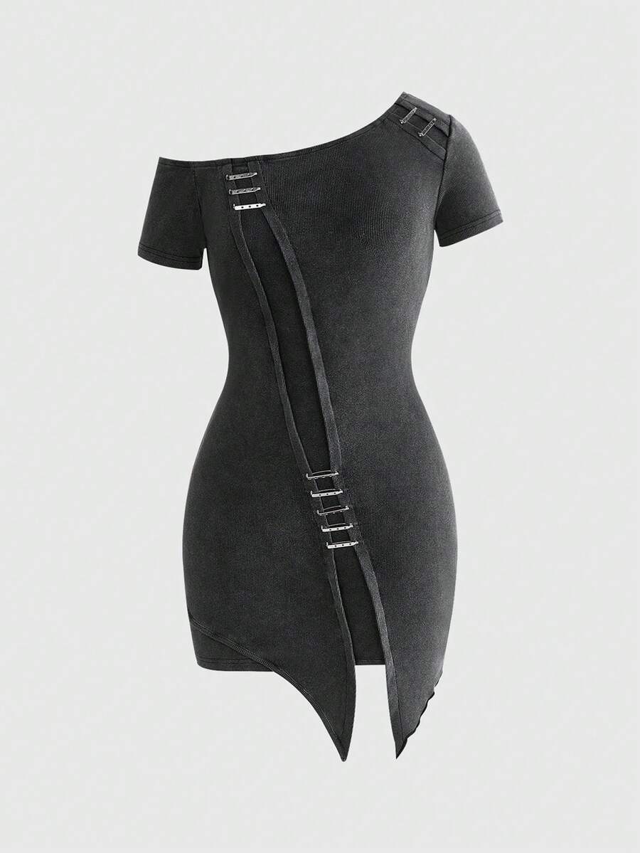 Front view of a grey washed patchwork mini dress featuring an asymmetrical neckline, metal pin accents, short sleeves, and a slim bodycon fit.