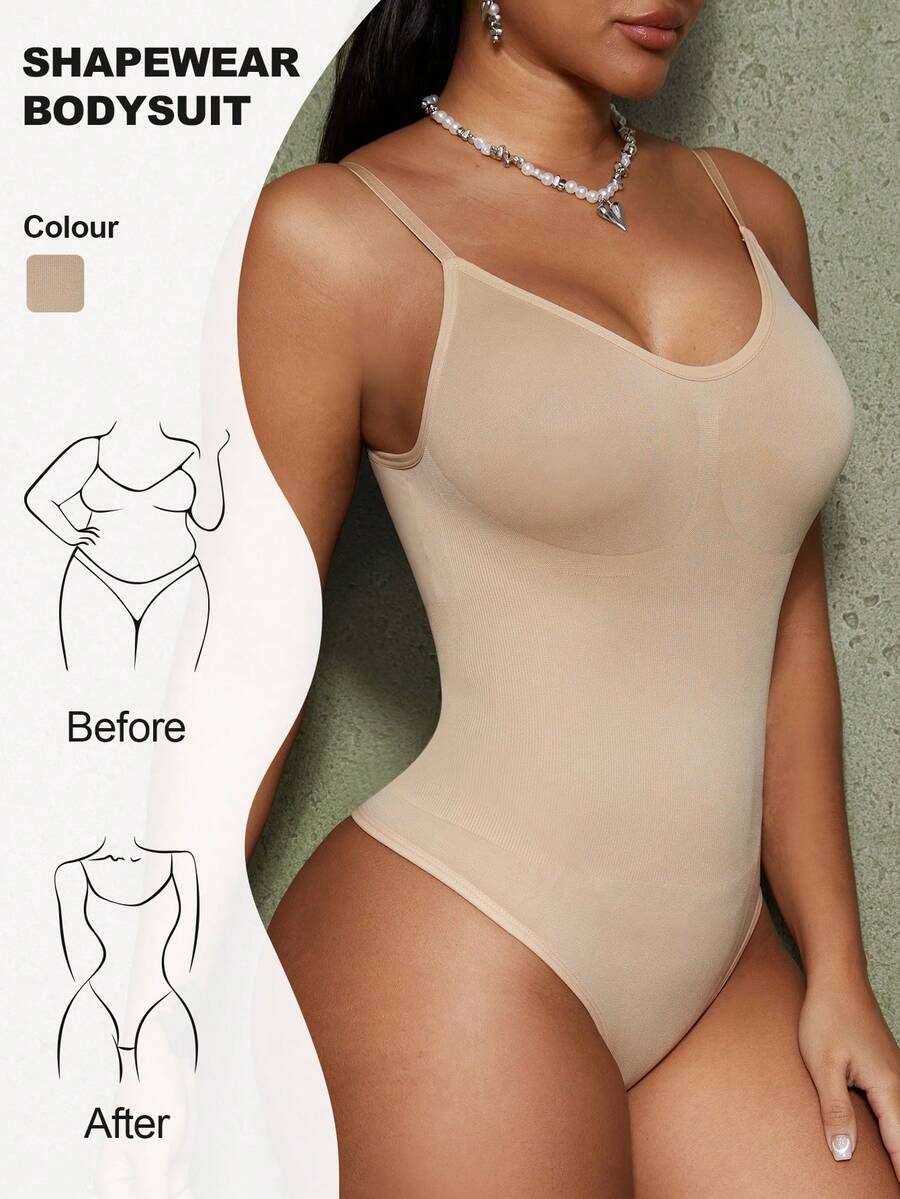 Brown seamless shapewear bodysuit featuring backless design, thong bottom, non-removable padding, and high-stretch fabric for tummy and waist control.