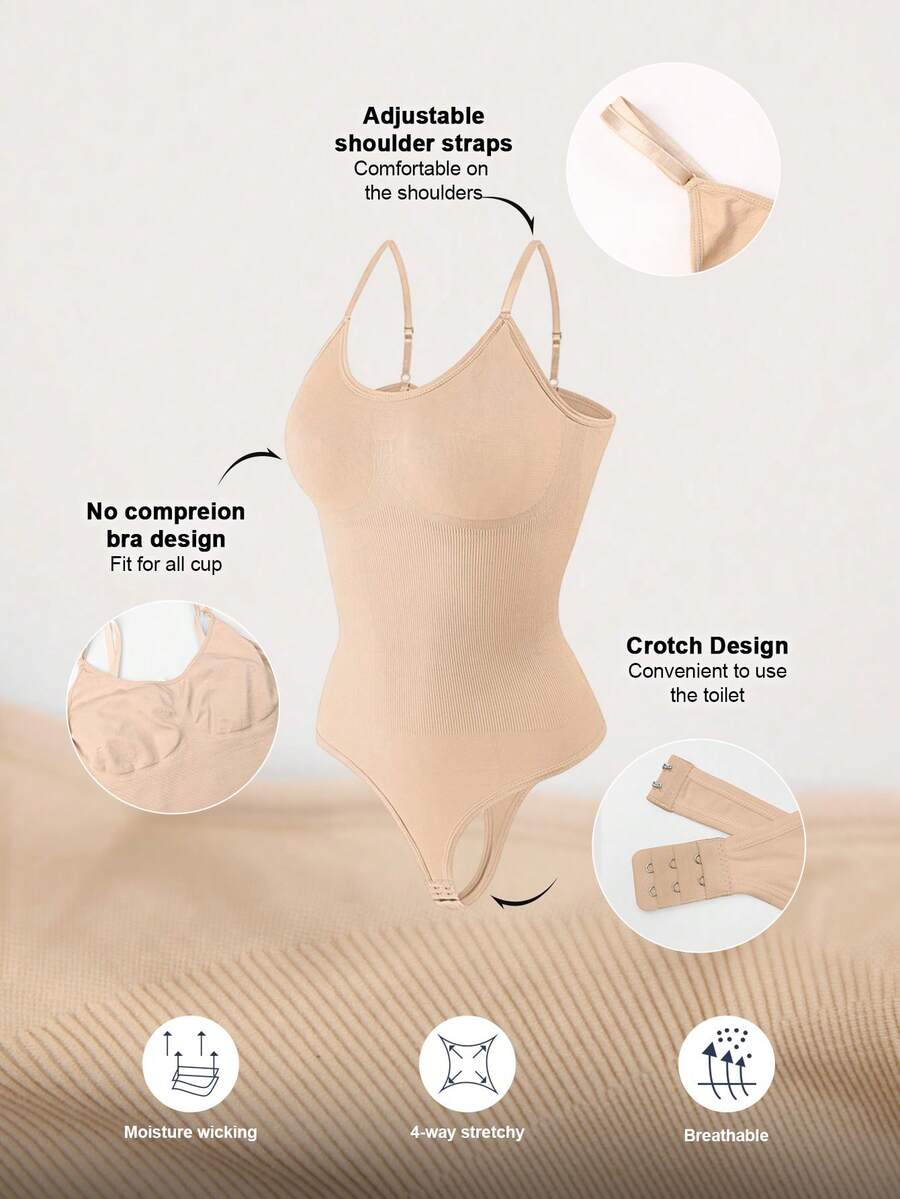 Brown seamless shapewear bodysuit featuring backless design, thong bottom, non-removable padding, and high-stretch fabric for tummy and waist control.