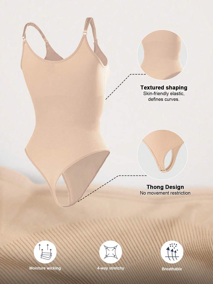 Brown seamless shapewear bodysuit featuring backless design, thong bottom, non-removable padding, and high-stretch fabric for tummy and waist control.