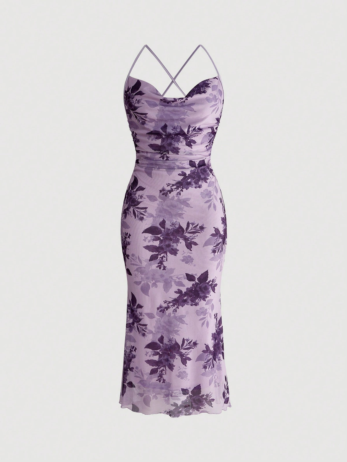 Women's floral print backless cami long dress featuring spaghetti straps, high waist, ruched detailing, and a mermaid hem with split thigh