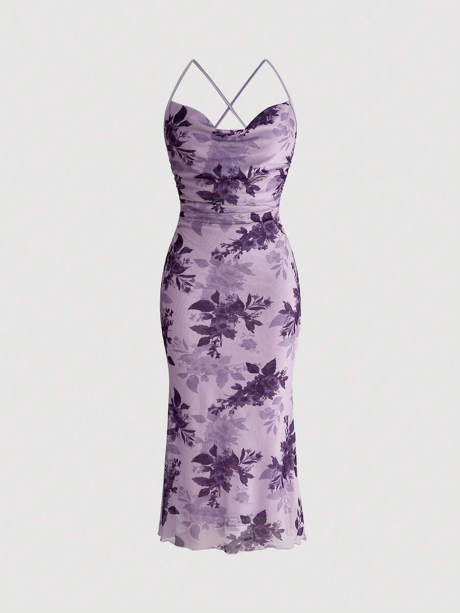 Women's floral print backless cami long dress featuring spaghetti straps, high waist, ruched detailing, and a mermaid hem with split thigh
