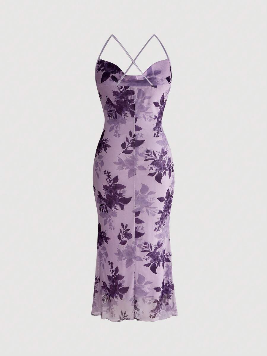Women's floral print backless cami long dress featuring spaghetti straps, high waist, ruched detailing, and a mermaid hem with split thigh