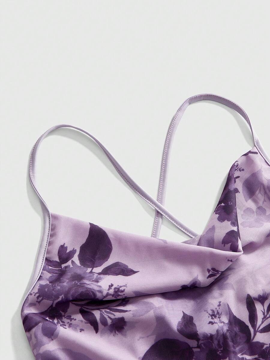 Women's floral print backless cami long dress featuring spaghetti straps, high waist, ruched detailing, and a mermaid hem with split thigh