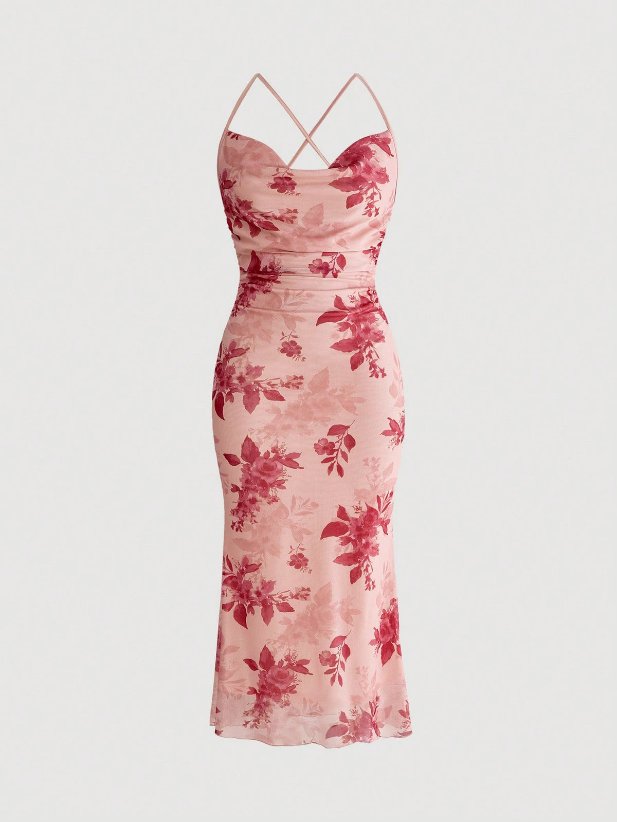 Women's floral print backless cami long dress featuring spaghetti straps, high waist, ruched detailing, and a mermaid hem with split thigh